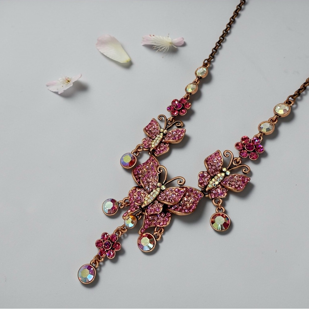 Kirks Folly Pink Butterfly Rhinestone Necklace AB Drop Signed 16”-19” whimsical - Picture 16 of 17